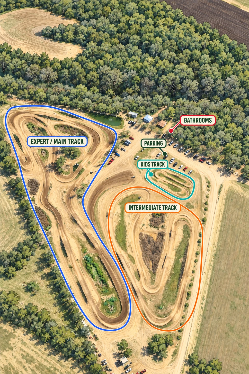 Illustrated Creekside MX map: expert/main track on the left, intermediate track on the lower right, kids track above it, and bathrooms and parking above the kids track.
