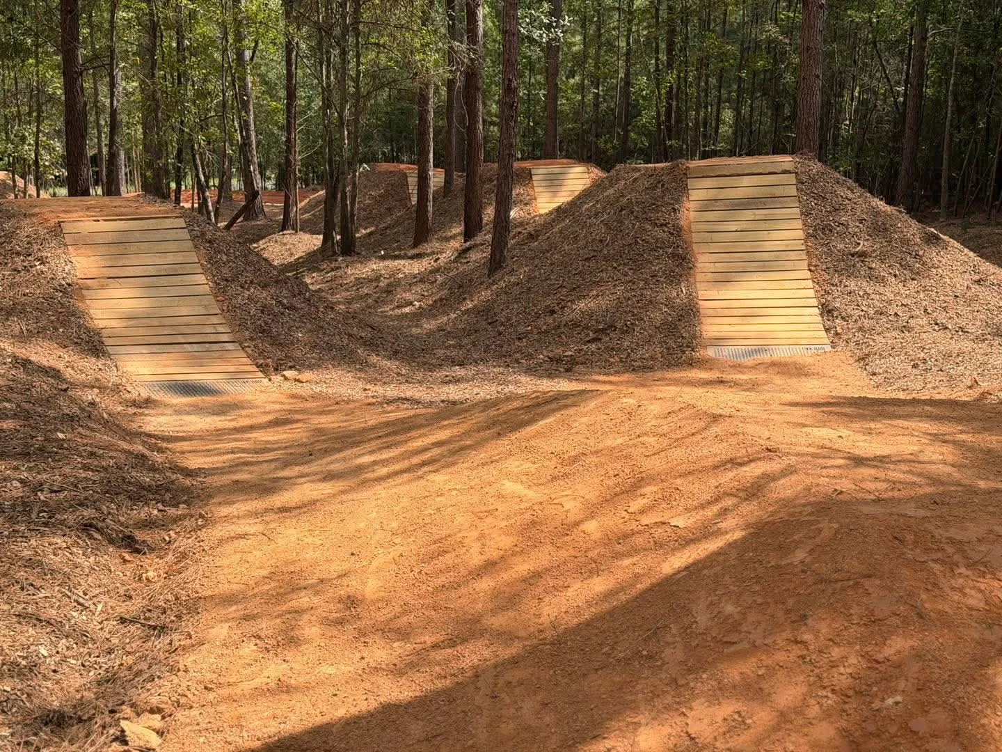 Inspiration photo of side-by-side wooden takeoffs leading into a wooded riding area